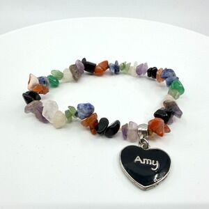 Vintage Y2K Multi Gemstone Chip Stretch Bracelet with Black Heart Charm